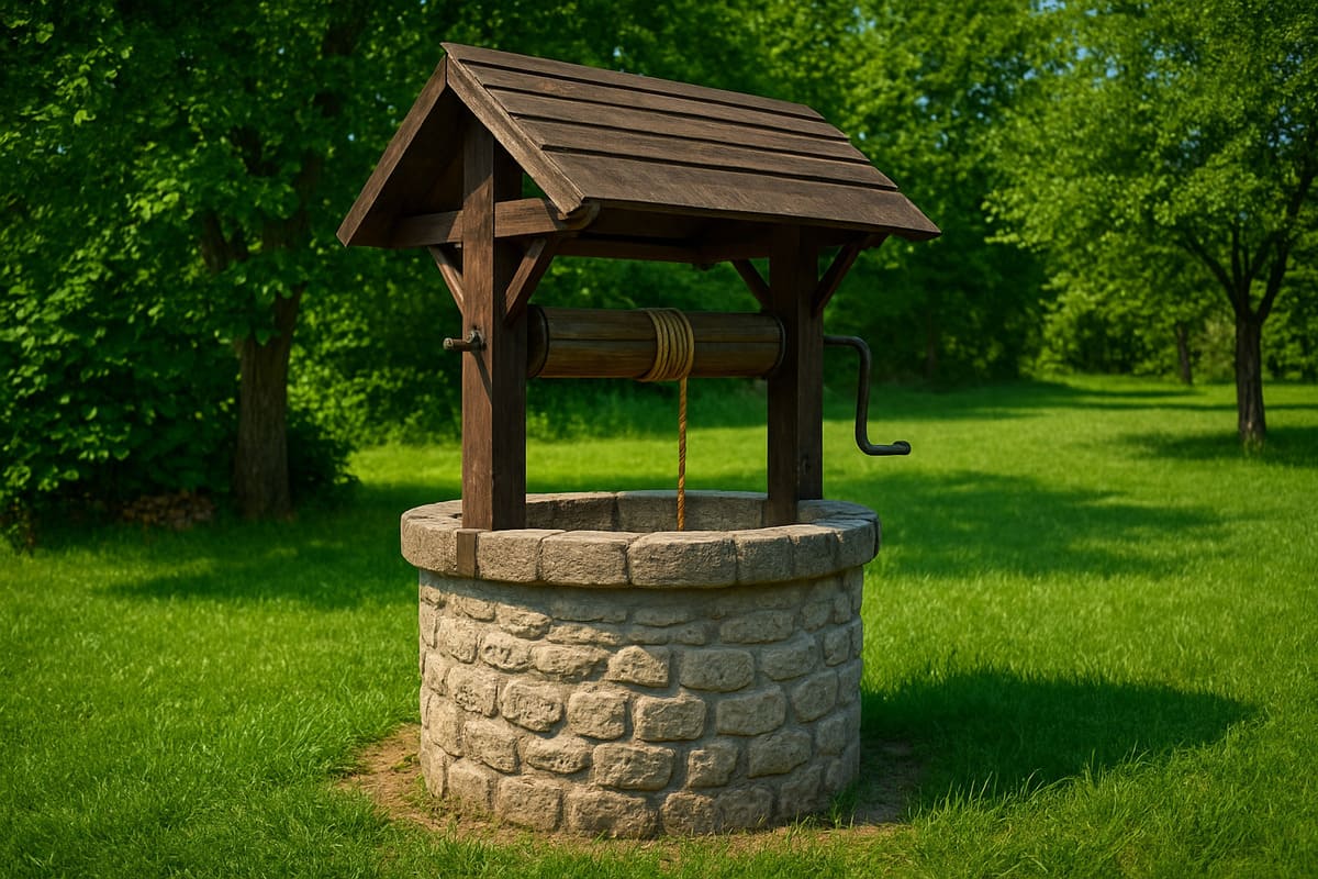 Tradycyjna kamienna studnia z drewnianym zadaszeniem i korbą, stojąca na zielonej posesji w słoneczny letni dzień, w otoczeniu drzew i trawnika.