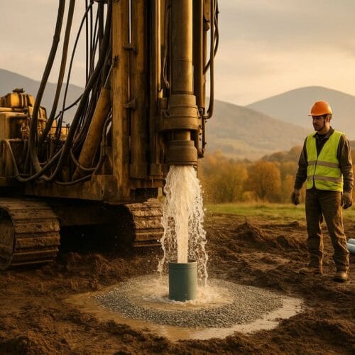 Operator obsługujący dużą wiertnicę podczas wiercenia otworu na studnia głębinowa Żywiec, z widoczną strugą wody i jesiennym krajobrazem Beskidów w tle.