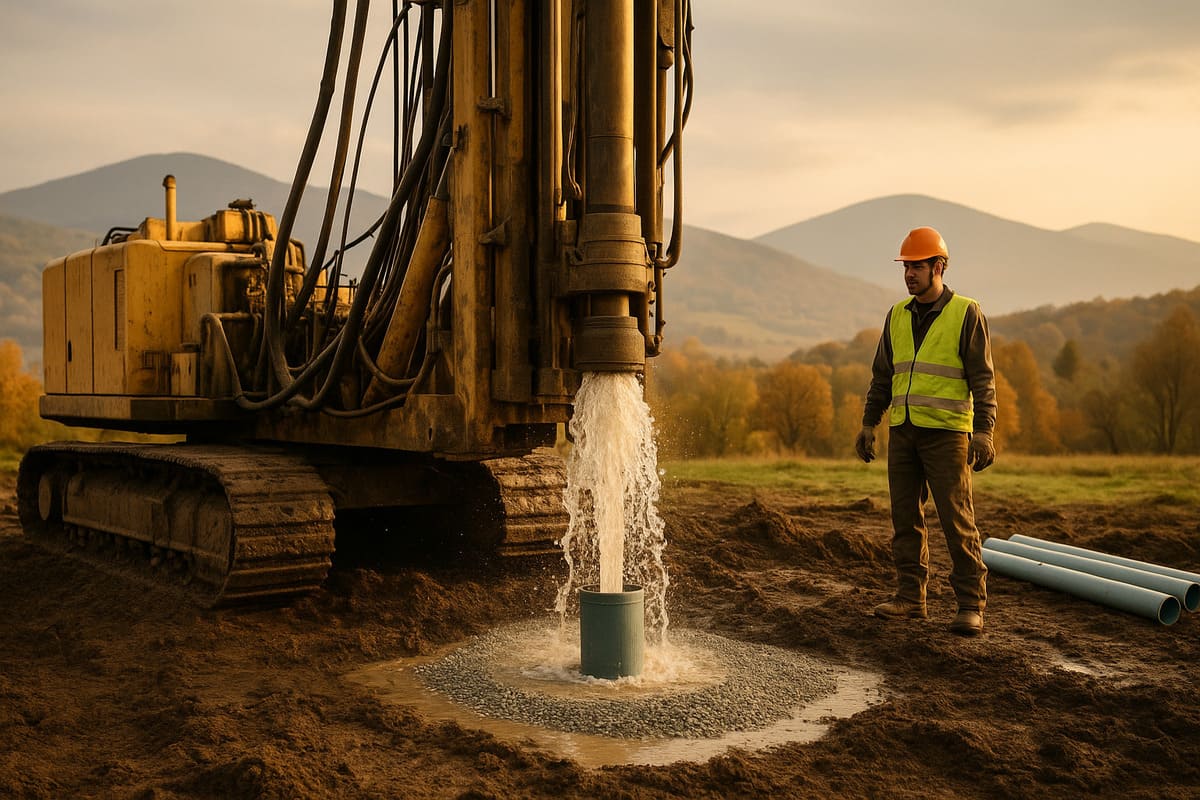 Operator obsługujący dużą wiertnicę podczas wiercenia otworu na studnia głębinowa Żywiec, z widoczną strugą wody i jesiennym krajobrazem Beskidów w tle.