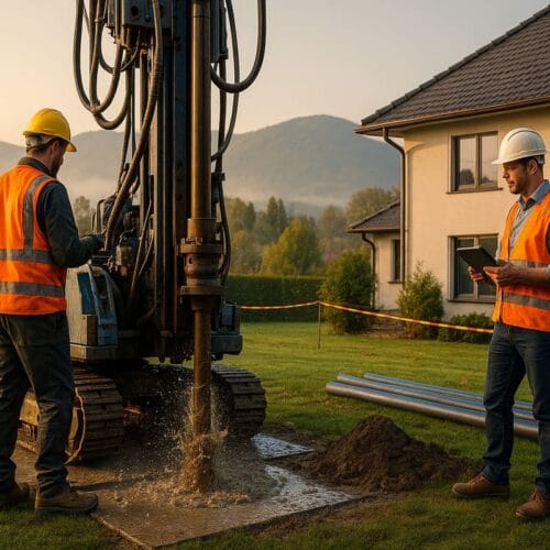 Lekka wiertnica na gumowych gąsienicach wykonuje odwiert pod studnię głębinową w ogrodzie domu jednorodzinnego w Beskidach