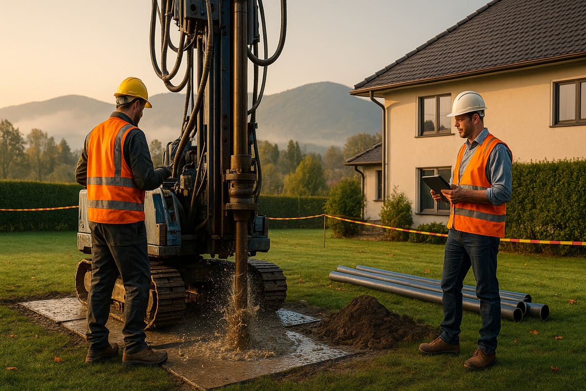 Lekka wiertnica na gumowych gąsienicach wykonuje odwiert pod studnię głębinową w ogrodzie domu jednorodzinnego w Beskidach