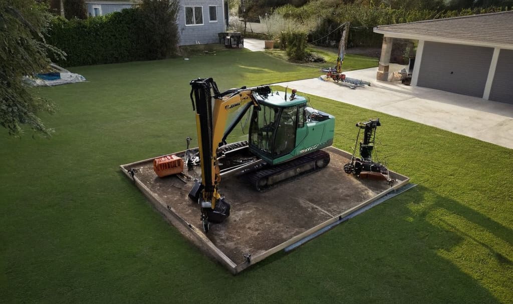 Mały dom jednorodzinny na zielonej działce oraz sprzęt do wiercenia studni głębinowej przygotowany do pracy w naturalnych warunkach.