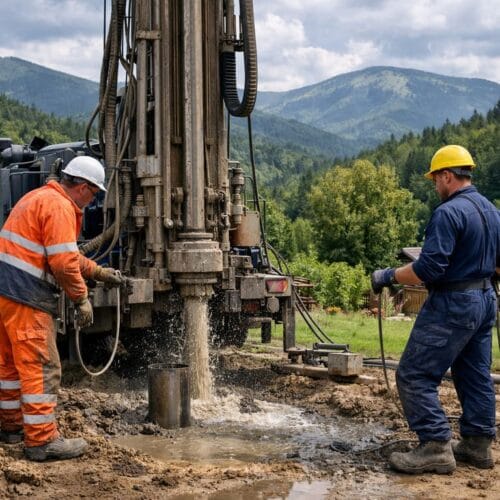 Wiercenie studni Bielsko – dwóch pracowników obsługuje nowoczesną wiertnicę podczas wykonywania studni głębinowej na działce w górskim terenie