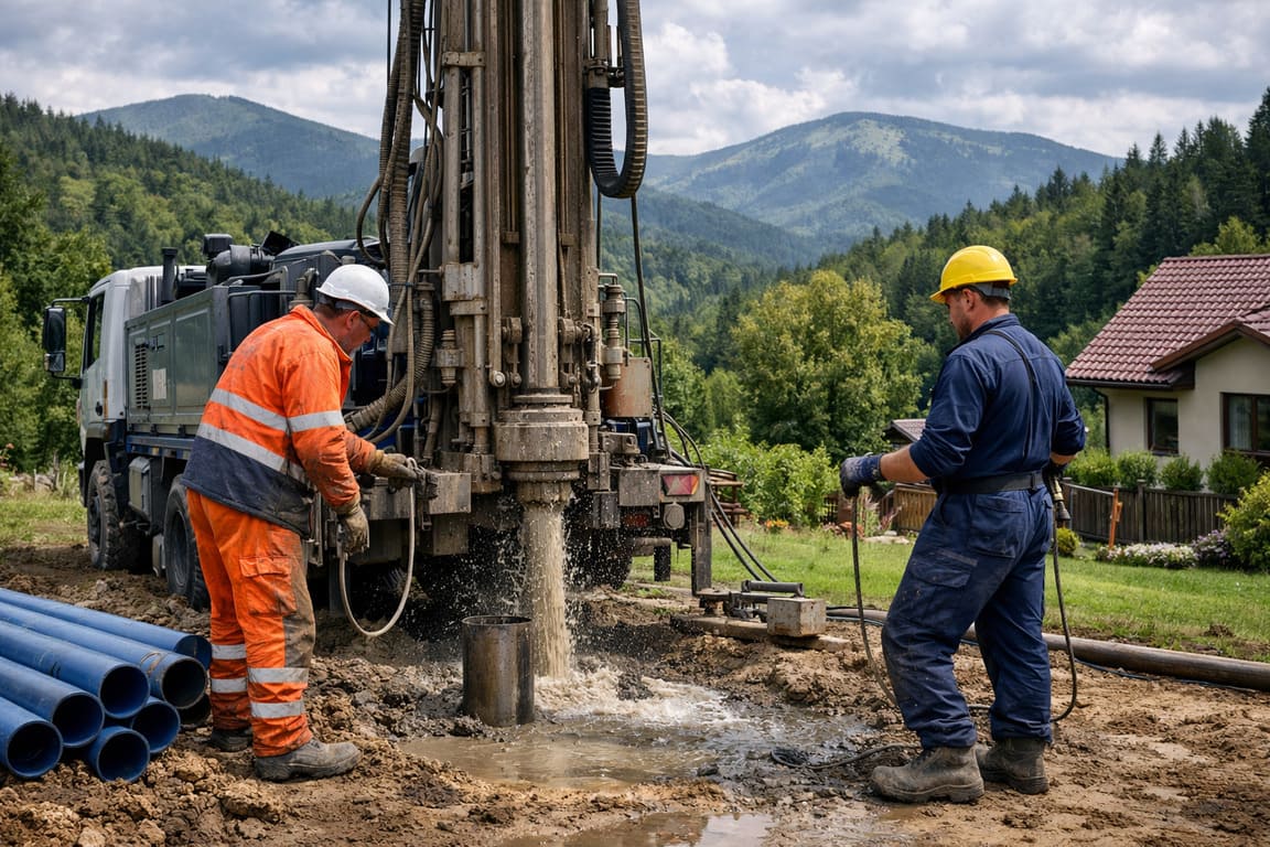 Wiercenie studni Bielsko – dwóch pracowników obsługuje nowoczesną wiertnicę podczas wykonywania studni głębinowej na działce w górskim terenie