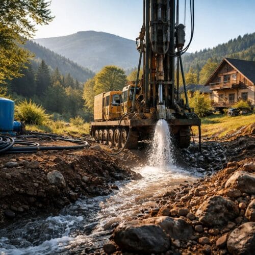 Plac budowy w górskim terenie z pracującą wiertnicą podczas wykonywania odwiertu, widoczny wypływ czystej wody z otworu, w tle dom i krajobraz Beskidu Żywieckiego – realizacja usługi studnie głębinowe Korbielów.