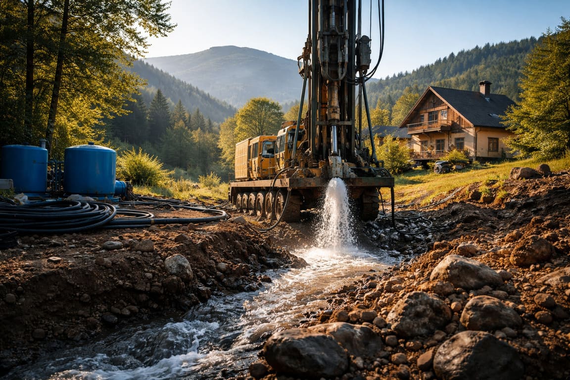 Plac budowy w górskim terenie z pracującą wiertnicą podczas wykonywania odwiertu, widoczny wypływ czystej wody z otworu, w tle dom i krajobraz Beskidu Żywieckiego – realizacja usługi studnie głębinowe Korbielów.