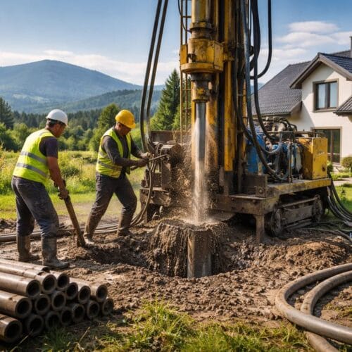 Pracownicy wykonują odwiert – studnie głębinowe Bielsko - Biała przy domu jednorodzinnym w Beskidach
