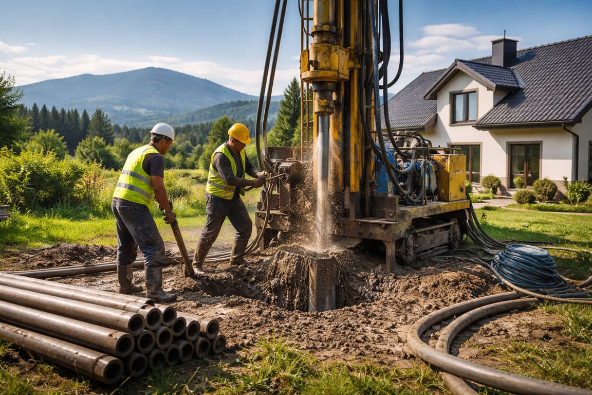 Pracownicy wykonują odwiert – studnie głębinowe Bielsko - Biała przy domu jednorodzinnym w Beskidach