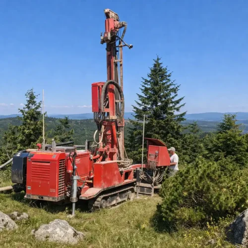 Czerwona wiertnica wykonująca studnie głębinowe w Brennej na górskim terenie wśród lasów i skał